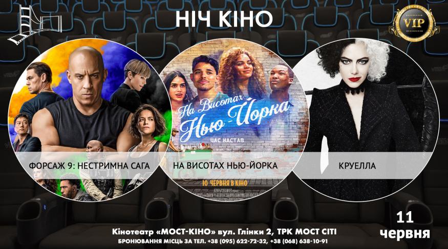 Ніч Кіно "Форсаж 9: Нестримна Сага + На висотах Нью-Йорка + Круелла"